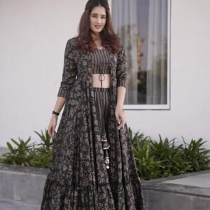 Charcoal Black Round Flair Palazzo, Pant & Dupatta Set
