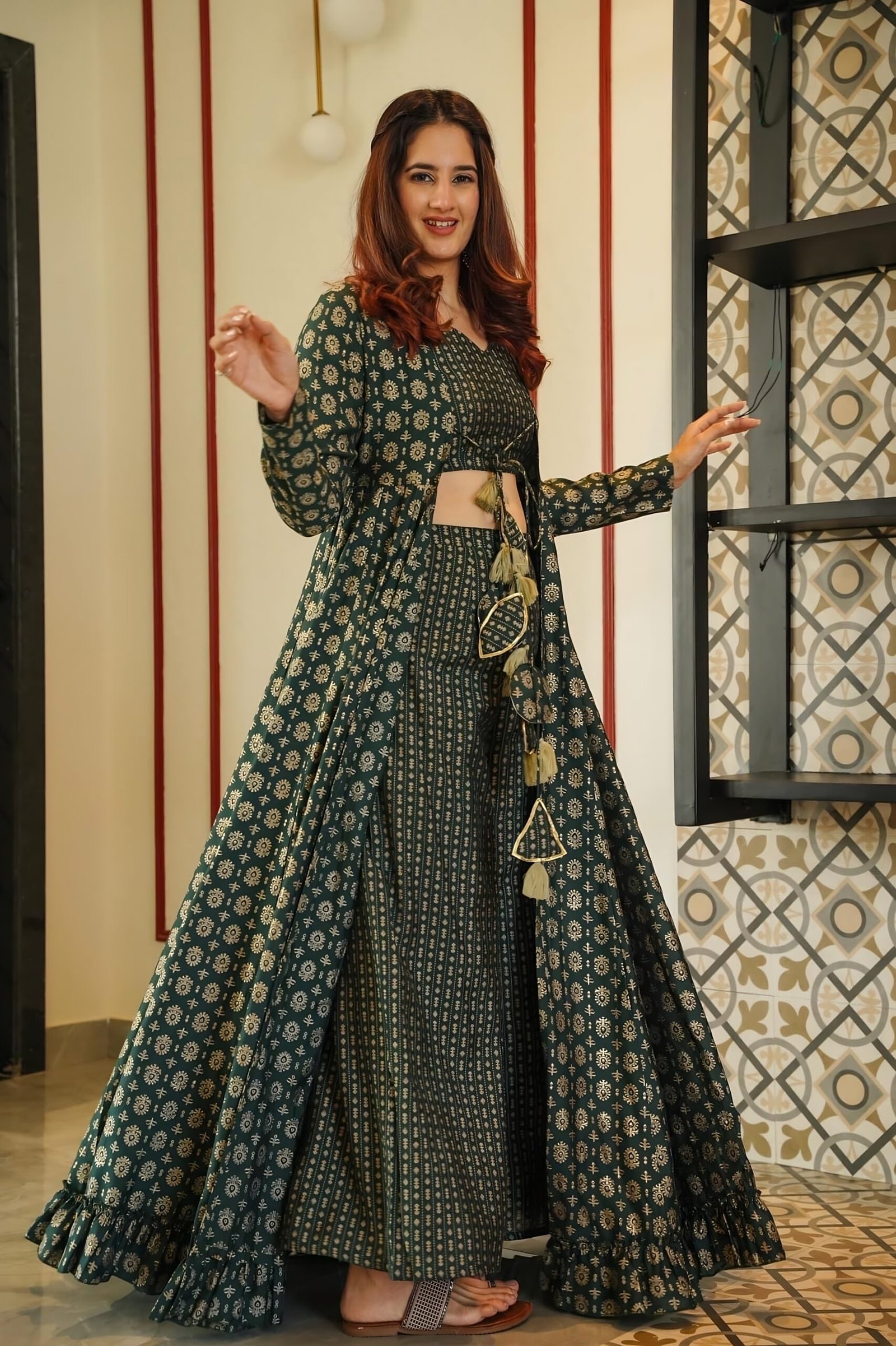 Deep Green Digital Print Round Flair Palazzo, Pant & Dupatta Set - Image 4