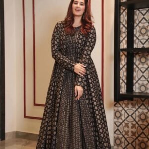 Coal Black Digital Print Round Flair Kurta, Pant & Dupatta Set
