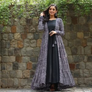 Black Digital Print Round Flair Kurta, Pant & Dupatta Set