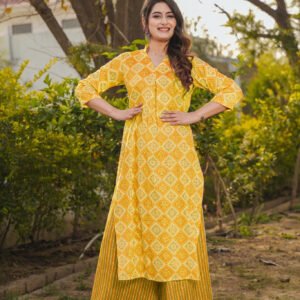 Woman Yellow Printed Rayon Kurta & Pant Set