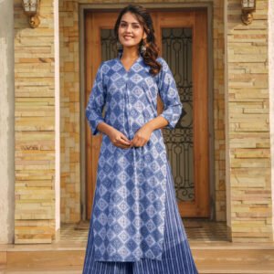 Woman Blue Printed Rayon Kurta & Pant Set