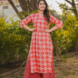 Woman Red Printed Rayon Kurta & Pant Set