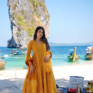 Yellow Heavy Digital Printed Kurta, Pant & Dupatta Set