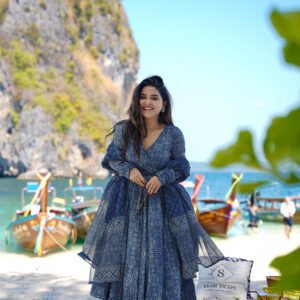 Navy Blue Heavy Digital Printed Kurta, Pant & Dupatta Set