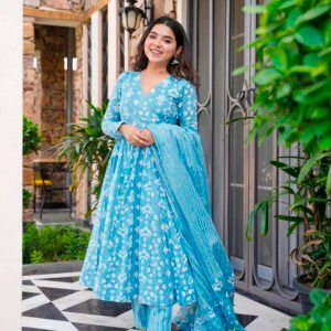 Bright Blue Heavy Digital Printed Kurta, Pant & Dupatta Set