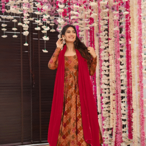 Multi Colour Anarkali Printed Muslin Kurta, Pant & Dupatta Set