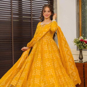Yellow Anarkali Printed Muslin Kurta, Pant & Dupatta Set